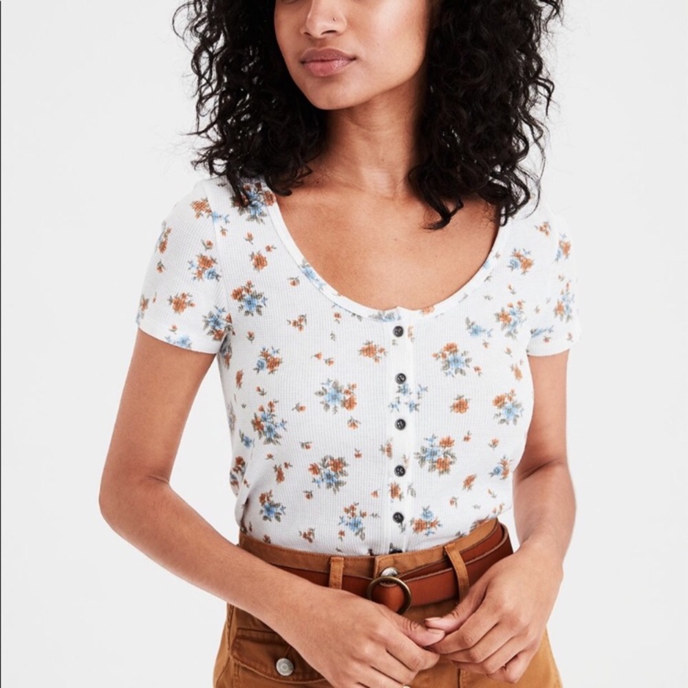 American Eagle Floral Waffle Crop Top Shirt
